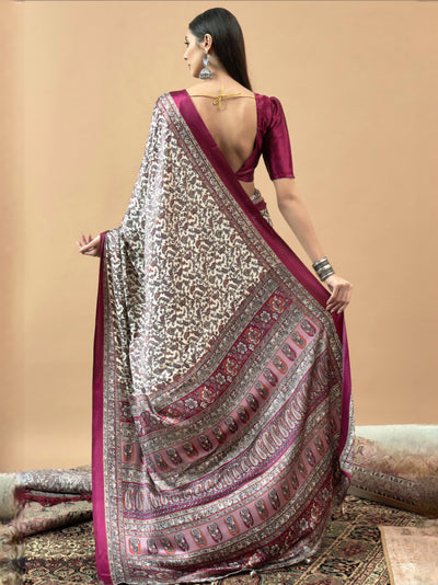 740005 Traditional Ajrakh Print Semi Modal Silk Saree - Wine