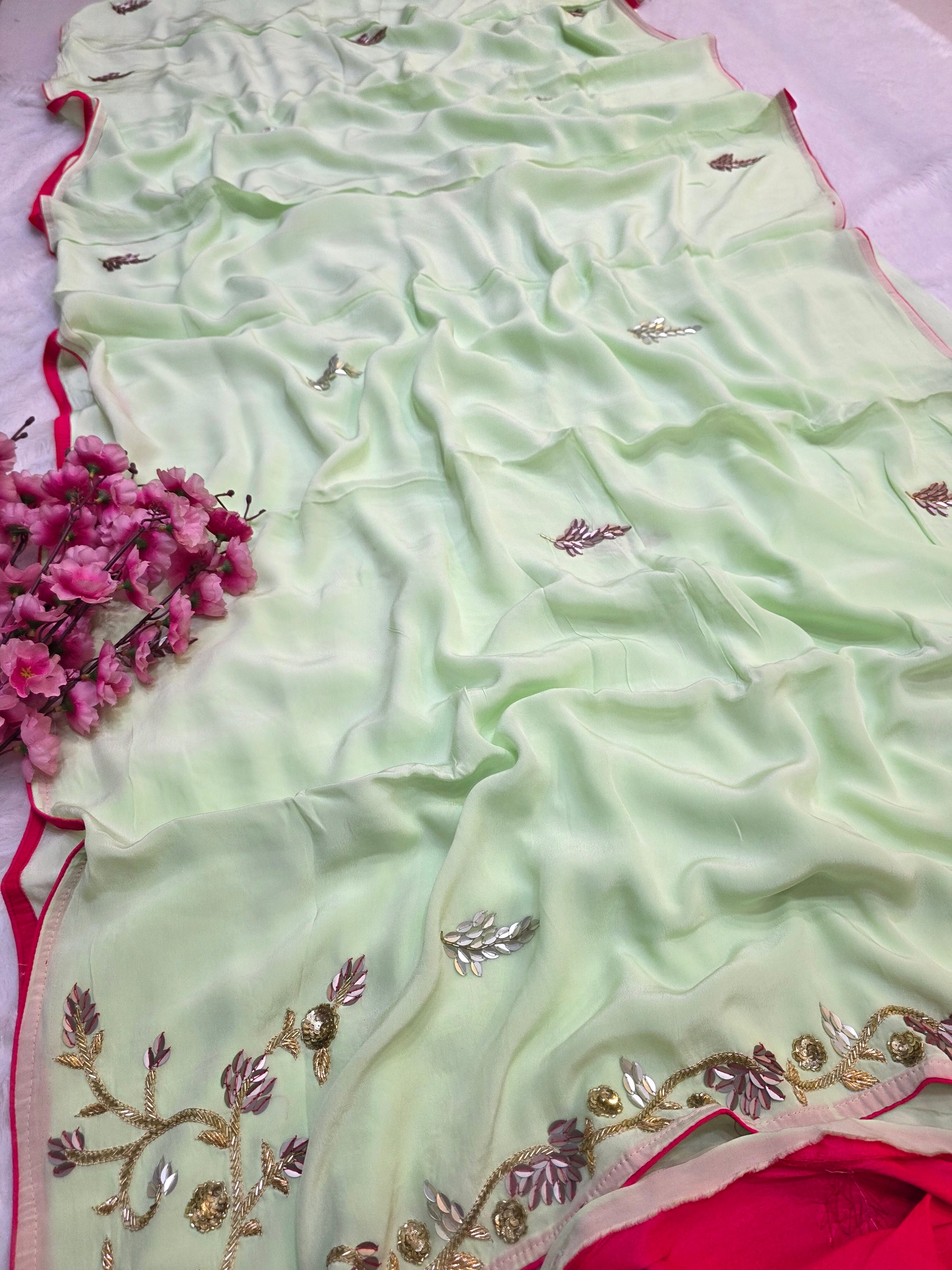 784010 Traditional Fancy Pure Crepe Silk Handwork Saree