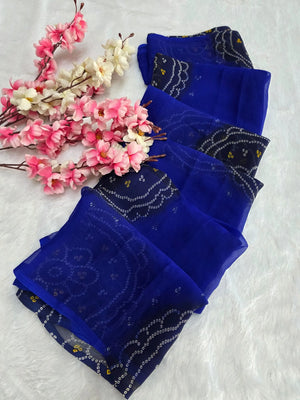 CA1486 Lightweight Elegant Semi Chiffon Bandhani Print Saree - Blue