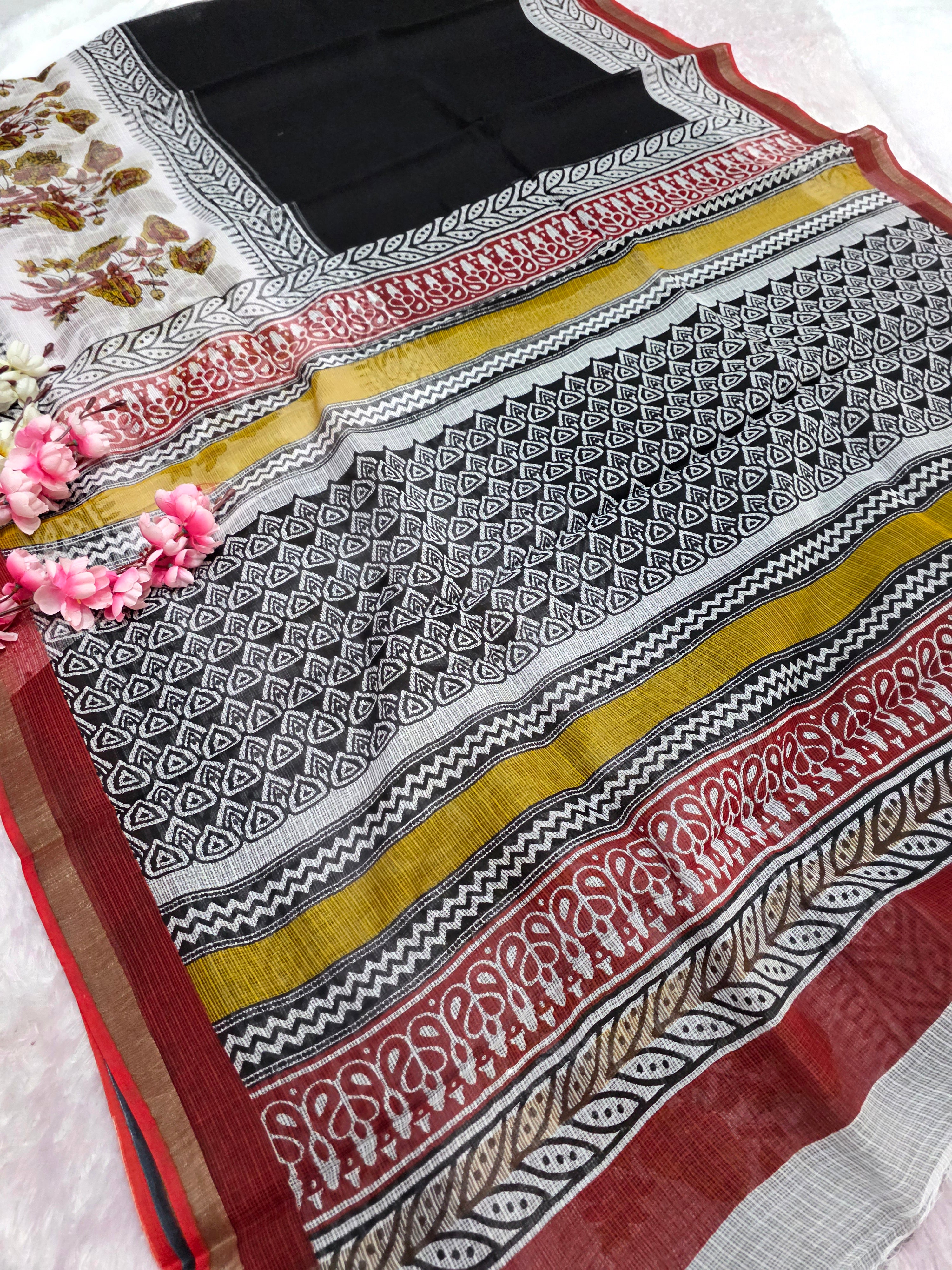 101604 Pure Kota Doriya Hand Printed Saree with Zari Weaving Border