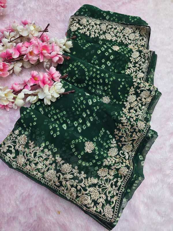 967001 Rajasthani Traditional Georgette Bandhani Saree with Pitta Work - Green