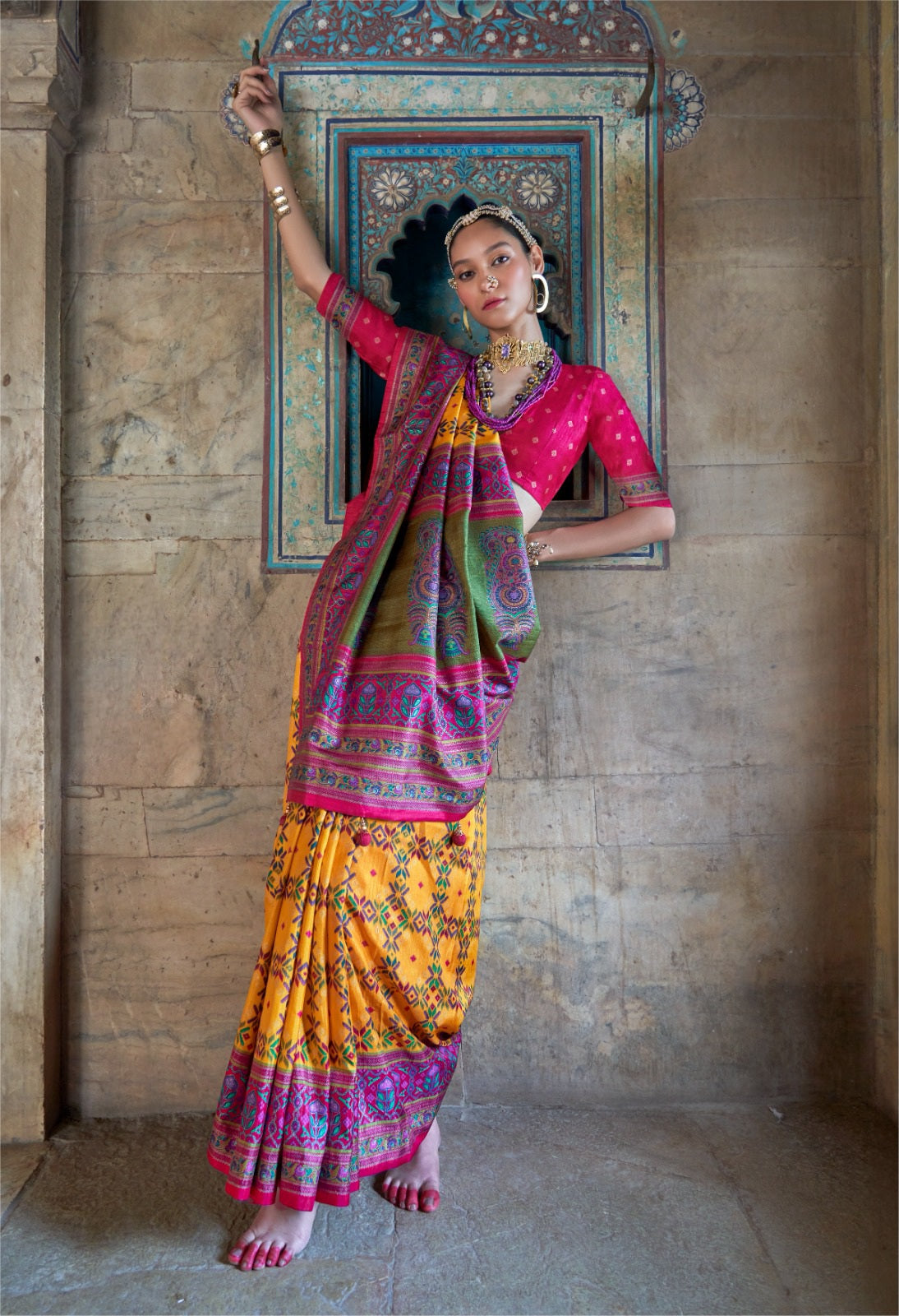 100706 Premium Patola Print Silk Saree With Gold Print - Yellow