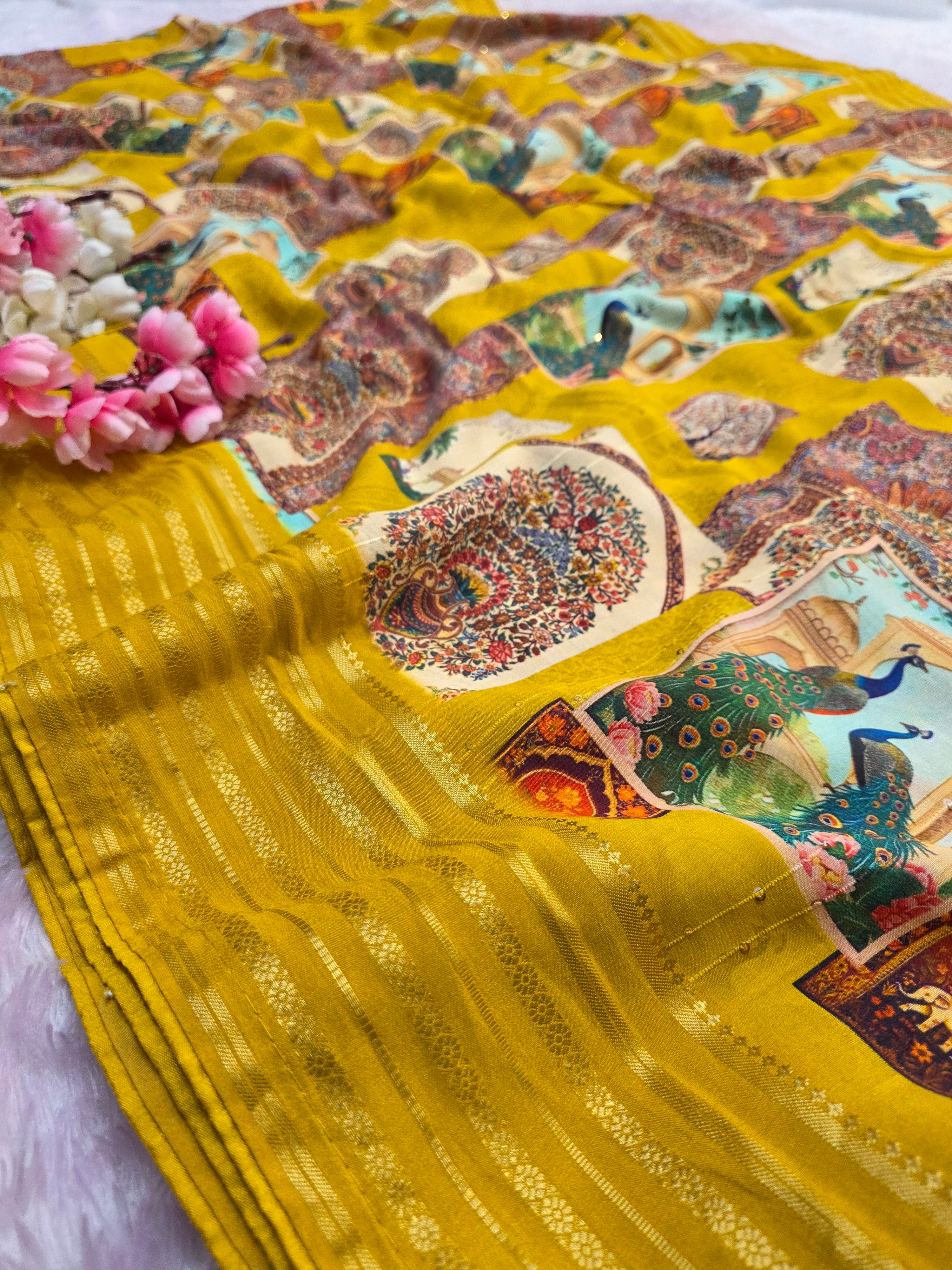 104002 Chitra Special Maslin Silk Designer Hand Print Saree with Zari Weaving Border