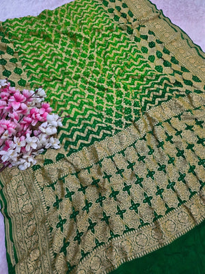 CA1526 Pure Georgette Hand Rai Bandhani Shaded Green Color Saree