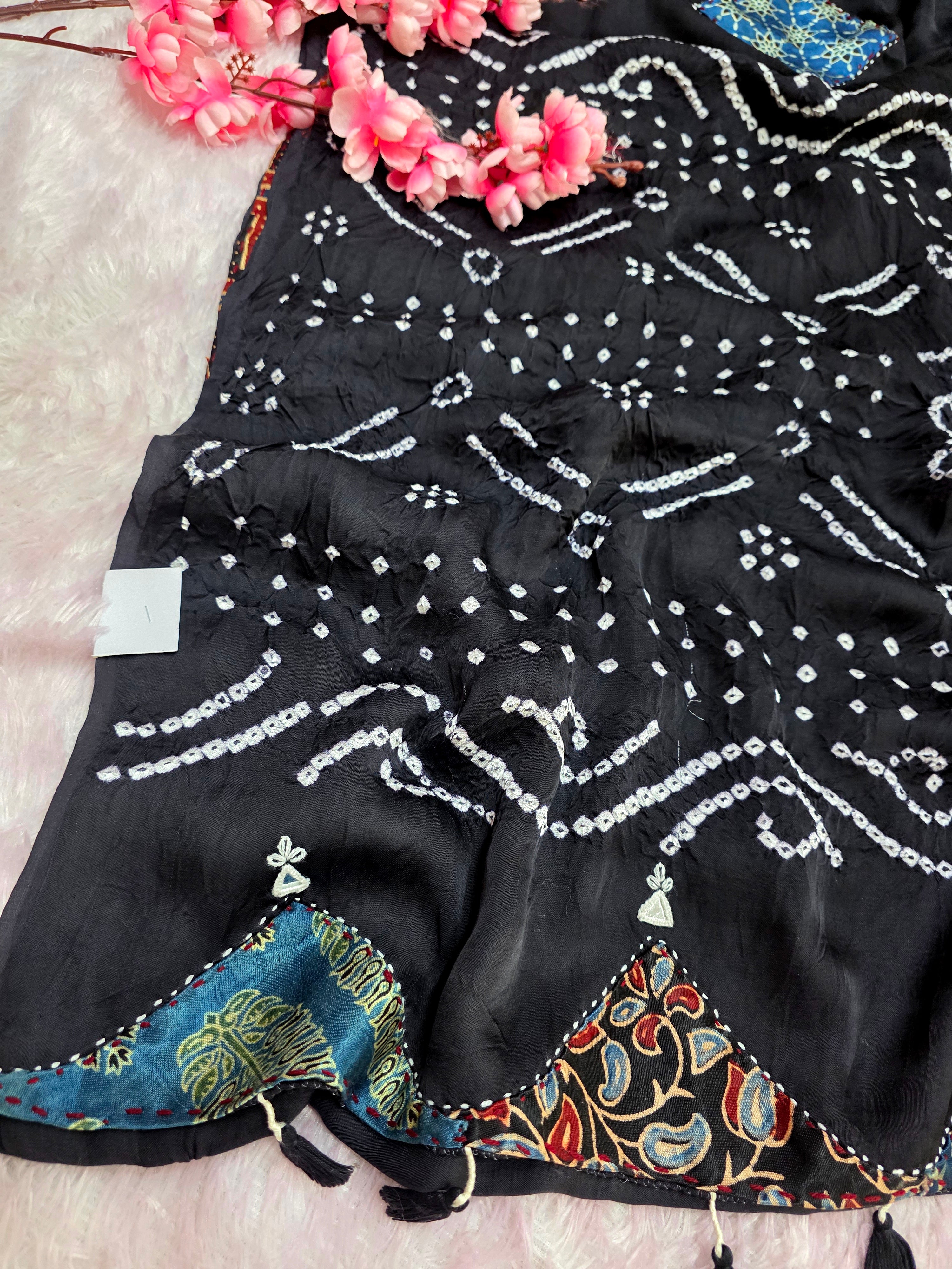 12595 Pure Modal Silk Hand Bandhani Saree with Ajrkah Patch Work