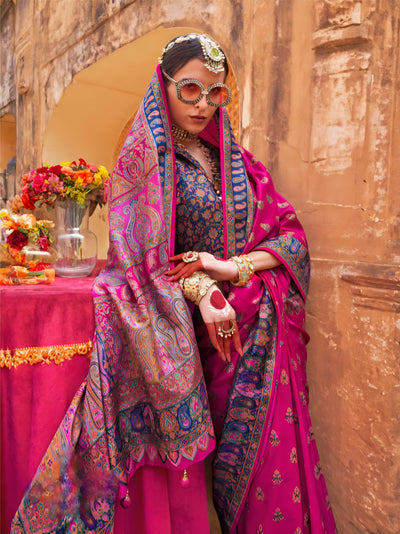 100302 Premium Kashmiri Print Silk Rani Saree With Gold Print