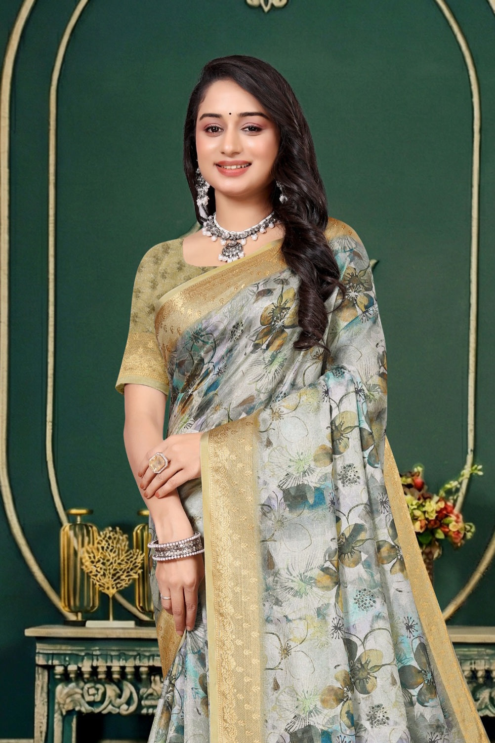 102211 Designer Soft Dola Silk Flower Printed Saree with Zari Weaving Border