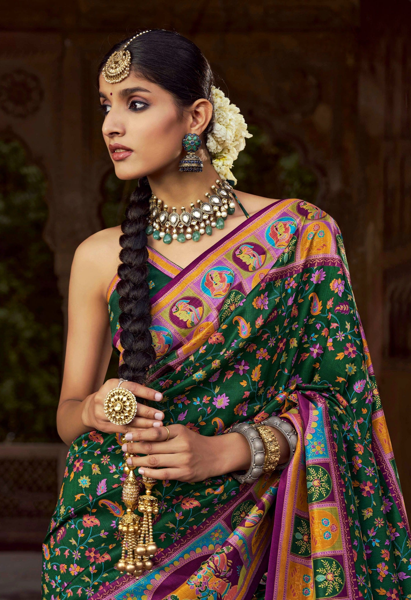 100704 Premium Kashmiri Print Silk Saree With Gold Print - Green