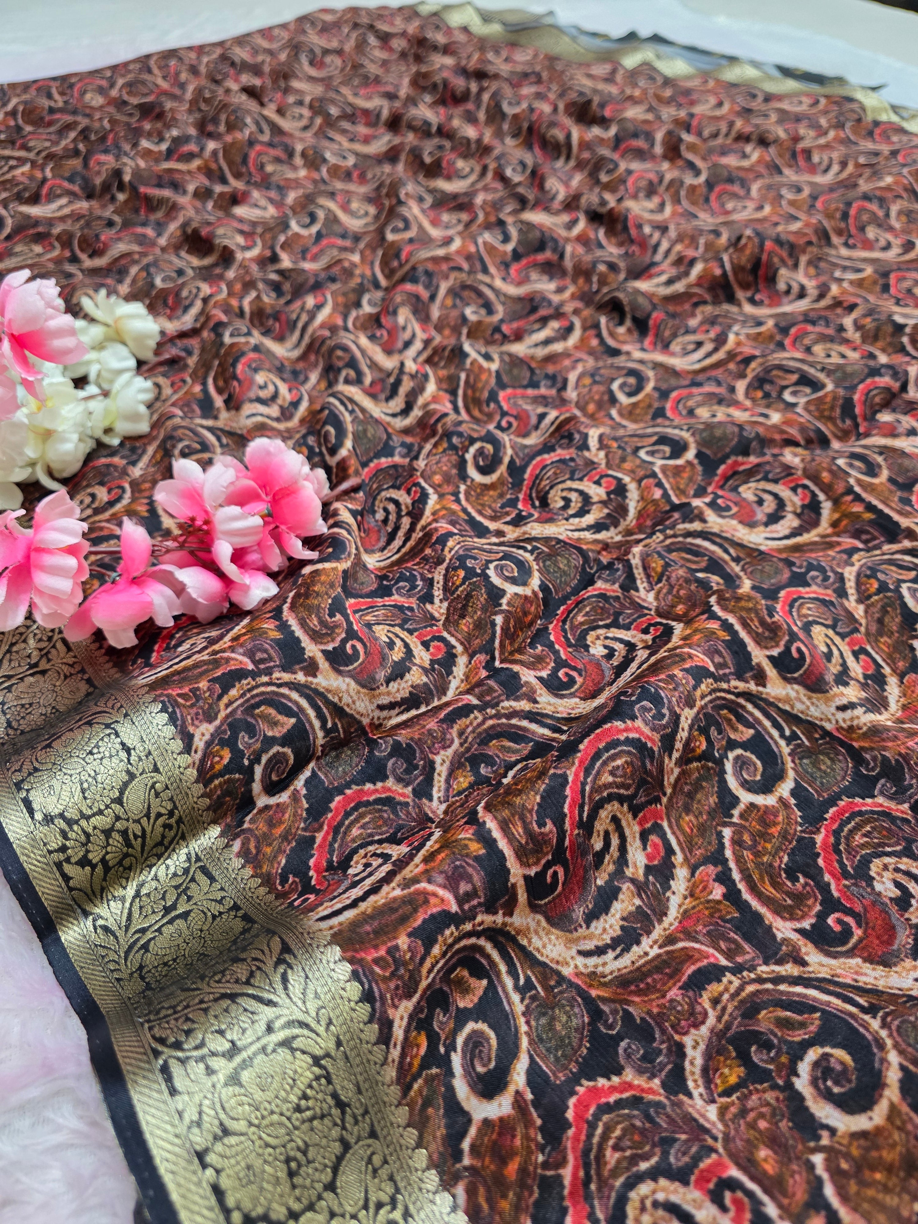 CA0709 chinon silk traditional print black & brown saree