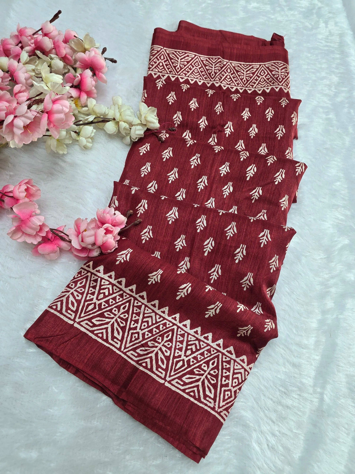 KS122 Semi Dola Silk Block Print Saree - Maroon