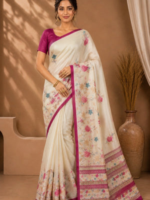 101002 Exclusive Pure Tusser Silk Traditional Flower Print Saree