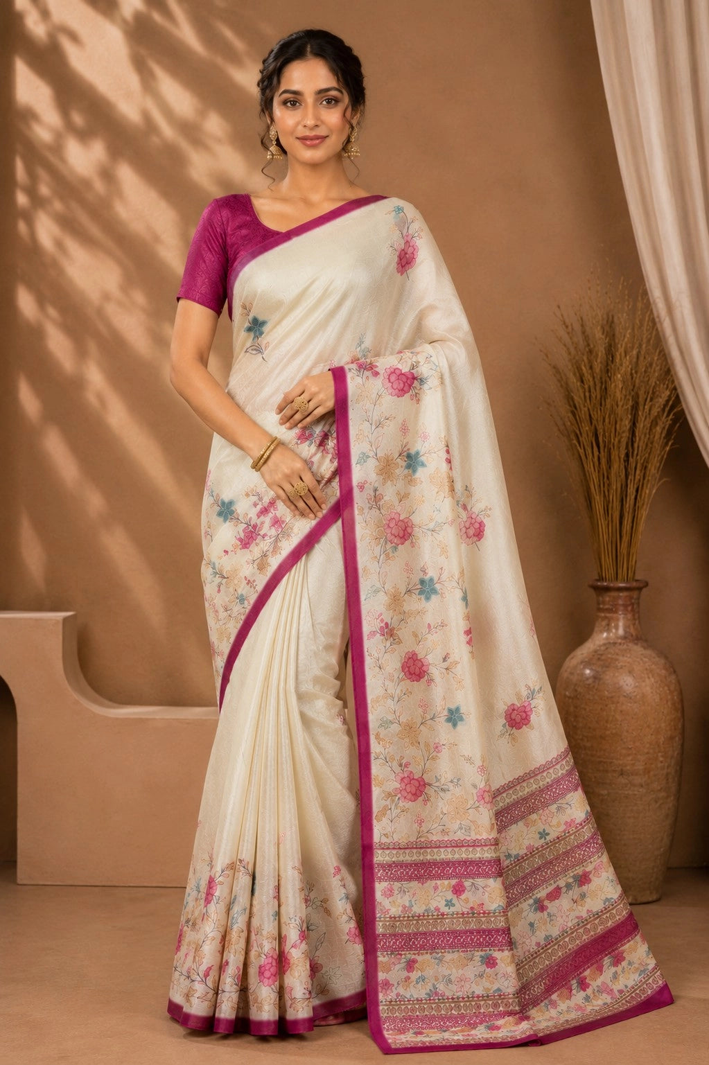 101002 Exclusive Pure Tusser Silk Traditional Flower Print Saree