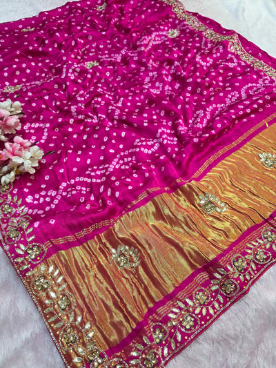 967004 Traditional Semi Gajji Silk Bandhani Saree with Hand Gota Patti Work - Pink