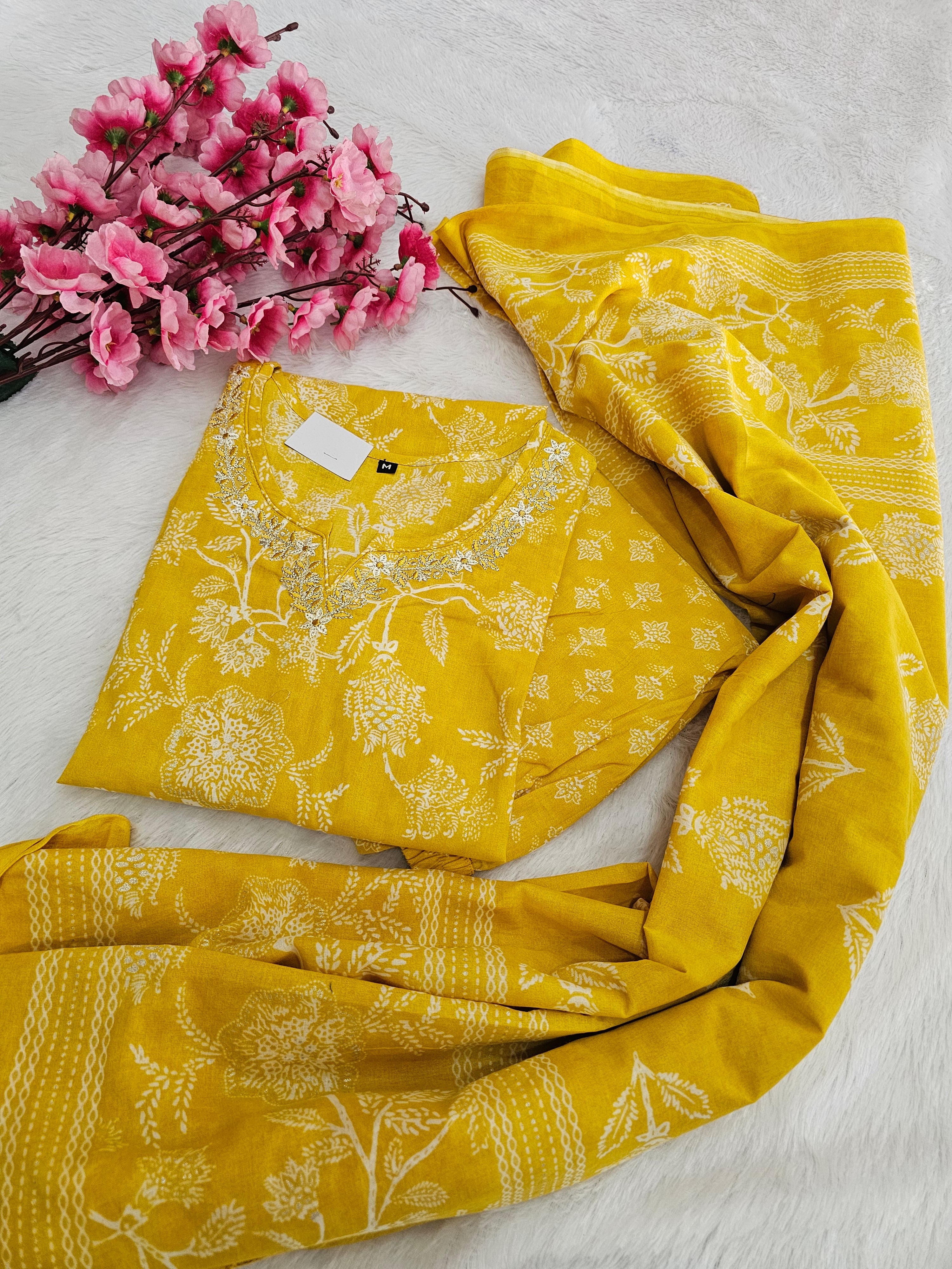 770005 Yellow Color Embroidered Pure Cotton Flower Printed Straight Kurti With Pant & Dupatta