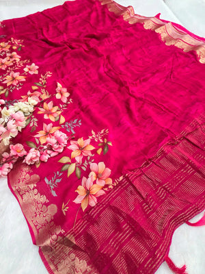 CA1533 Chitra Exclusive Pure Chinon Silk Flower Printed Saree With Zari Border