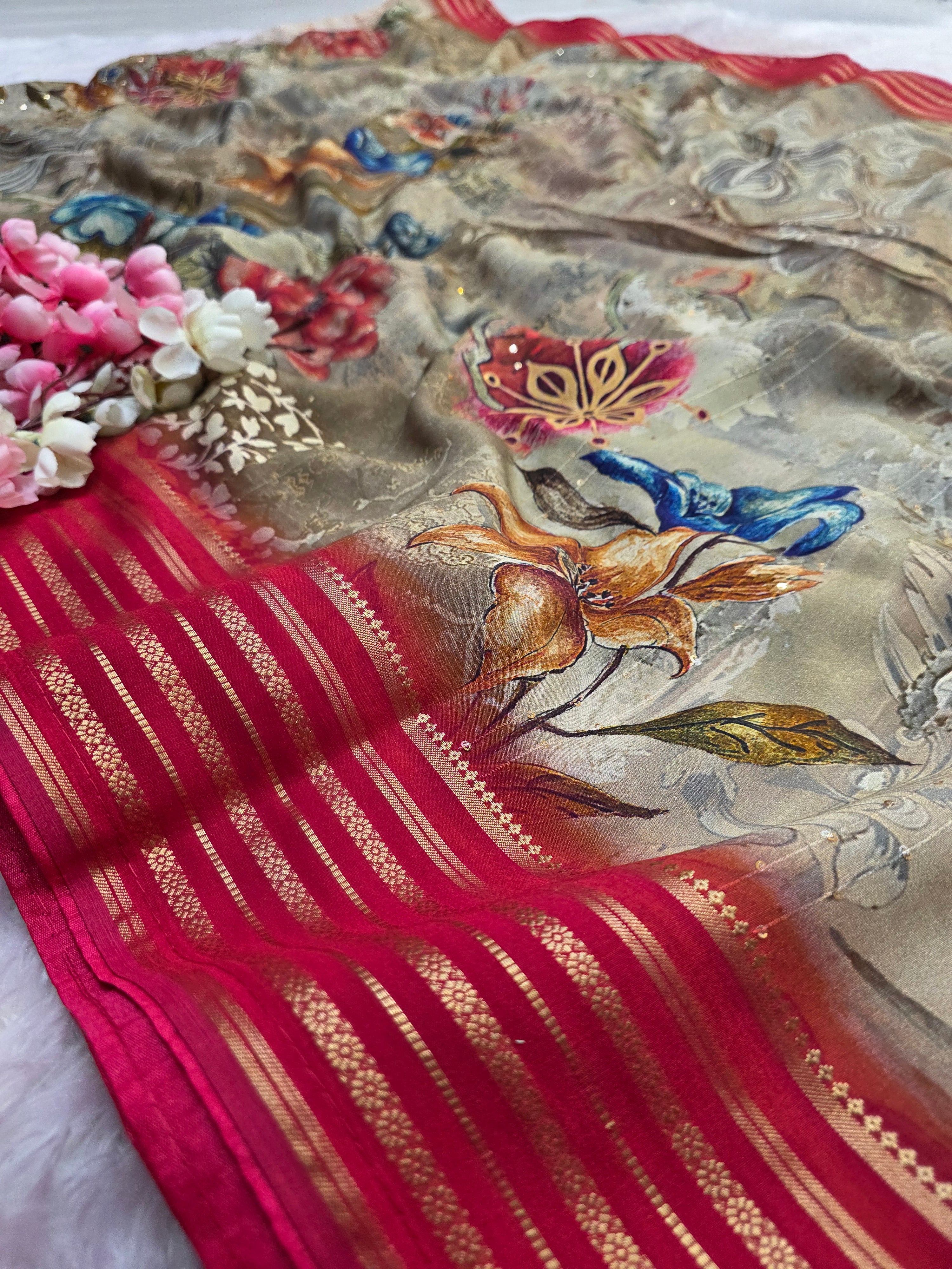 104004 Chitra Special Maslin Silk Designer Hand Print Saree with Zari Weaving Border