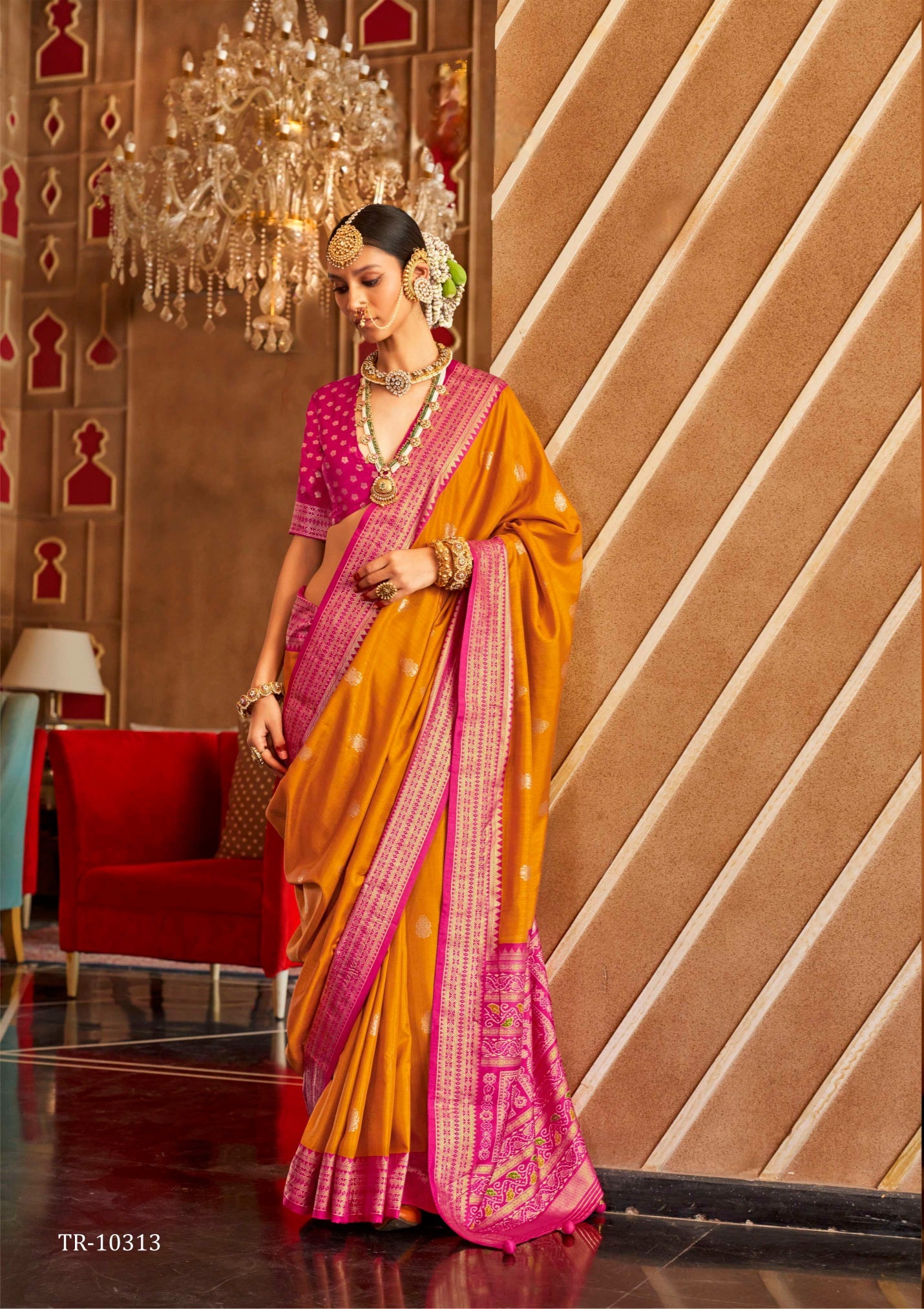 999003 Exclusive Patola Print Silk Yellow Saree With Gold Print