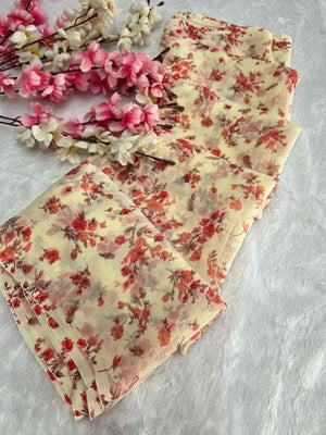 CA1466 Lightweight Elegant Semi Chiffon Flower Print Saree - Red