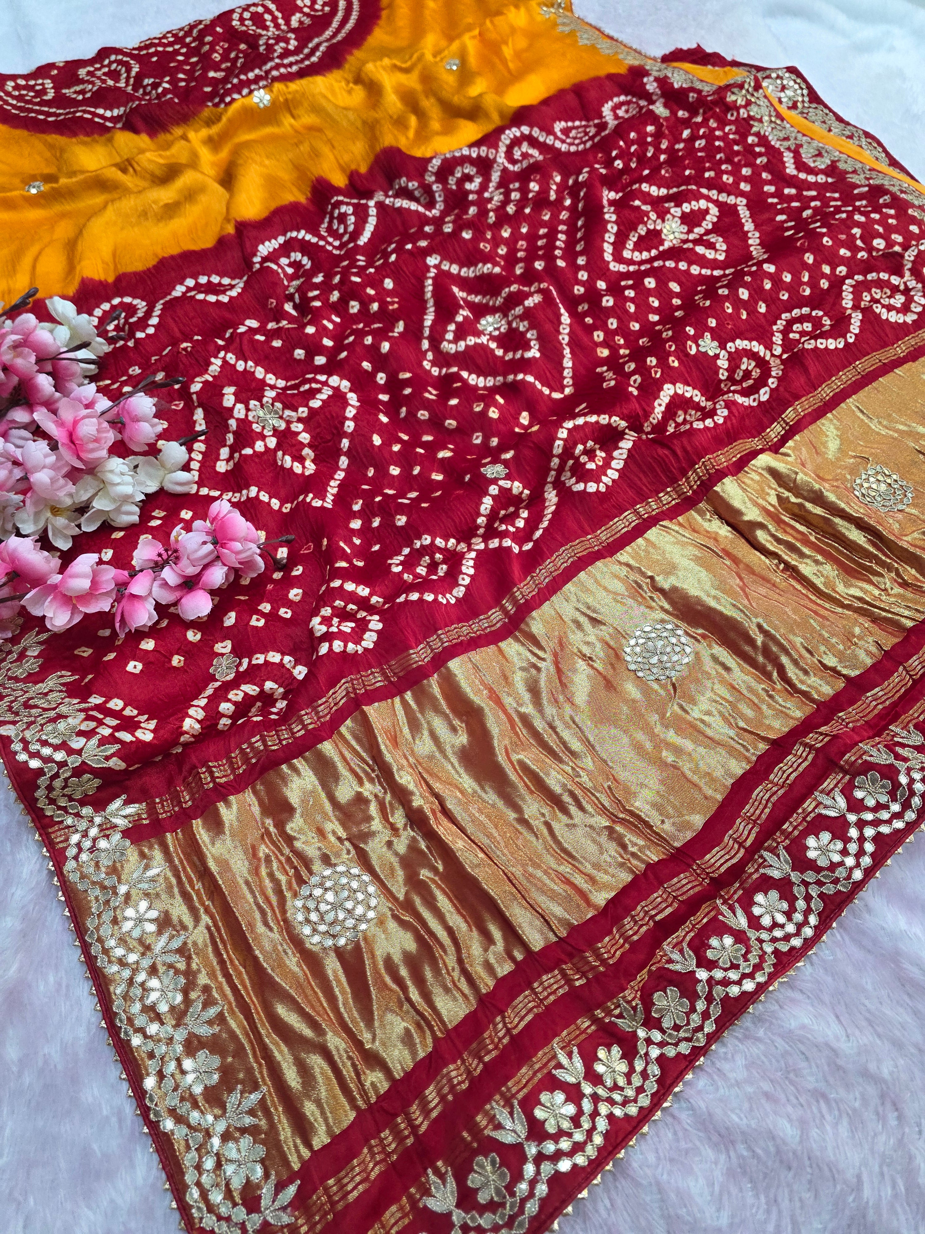 2447 Traditional Rajasthani Pila Chundar Gajji Silk Saree with Hand Gota Work