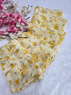 CA1466 Lightweight Elegant Semi Chiffon Flower Print Saree - Yellow