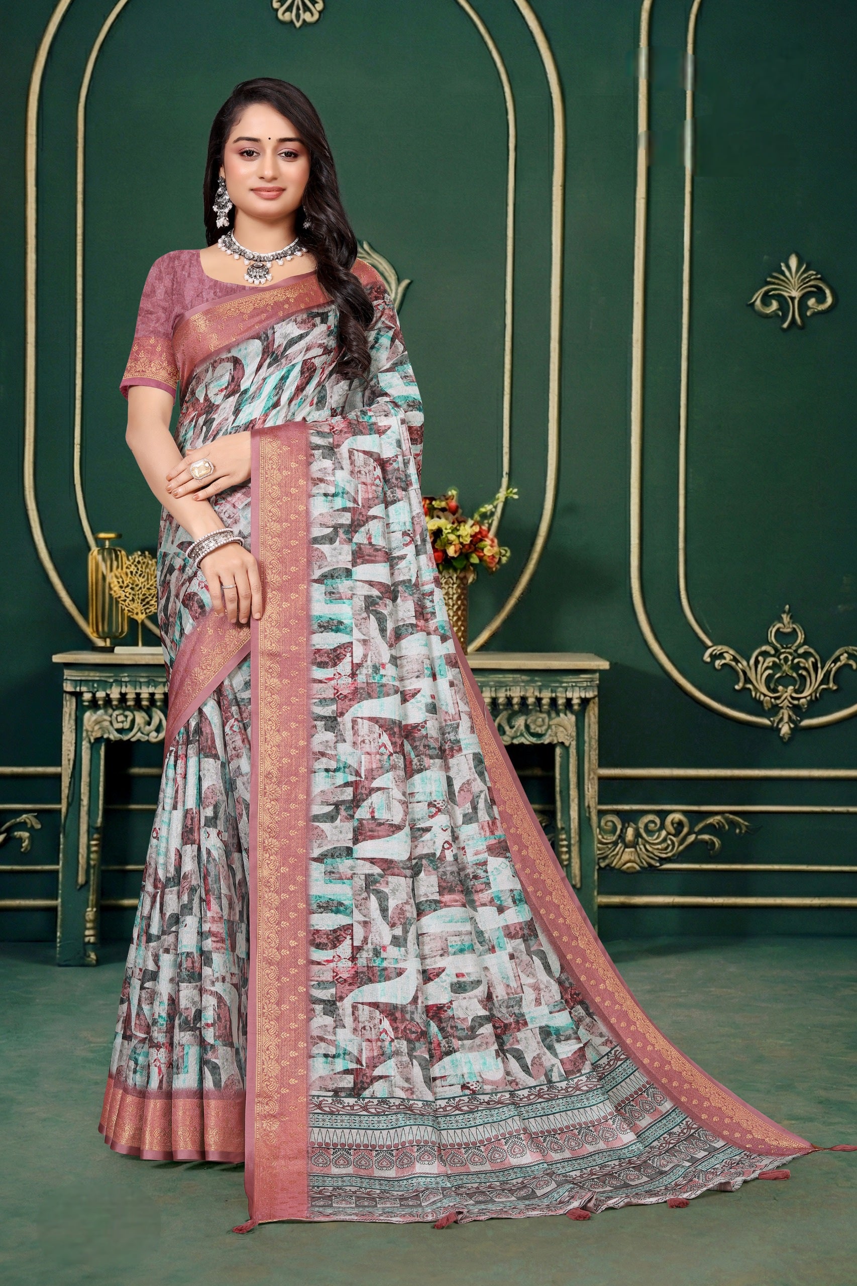 102205 Designer Soft Dola Silk Flower Printed Saree with Zari Weaving Border