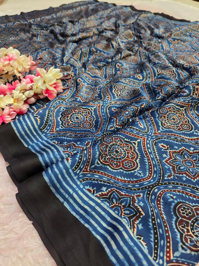 CA0736 Pure Modal Silk Ajrakh Natural Dye Saree Blue