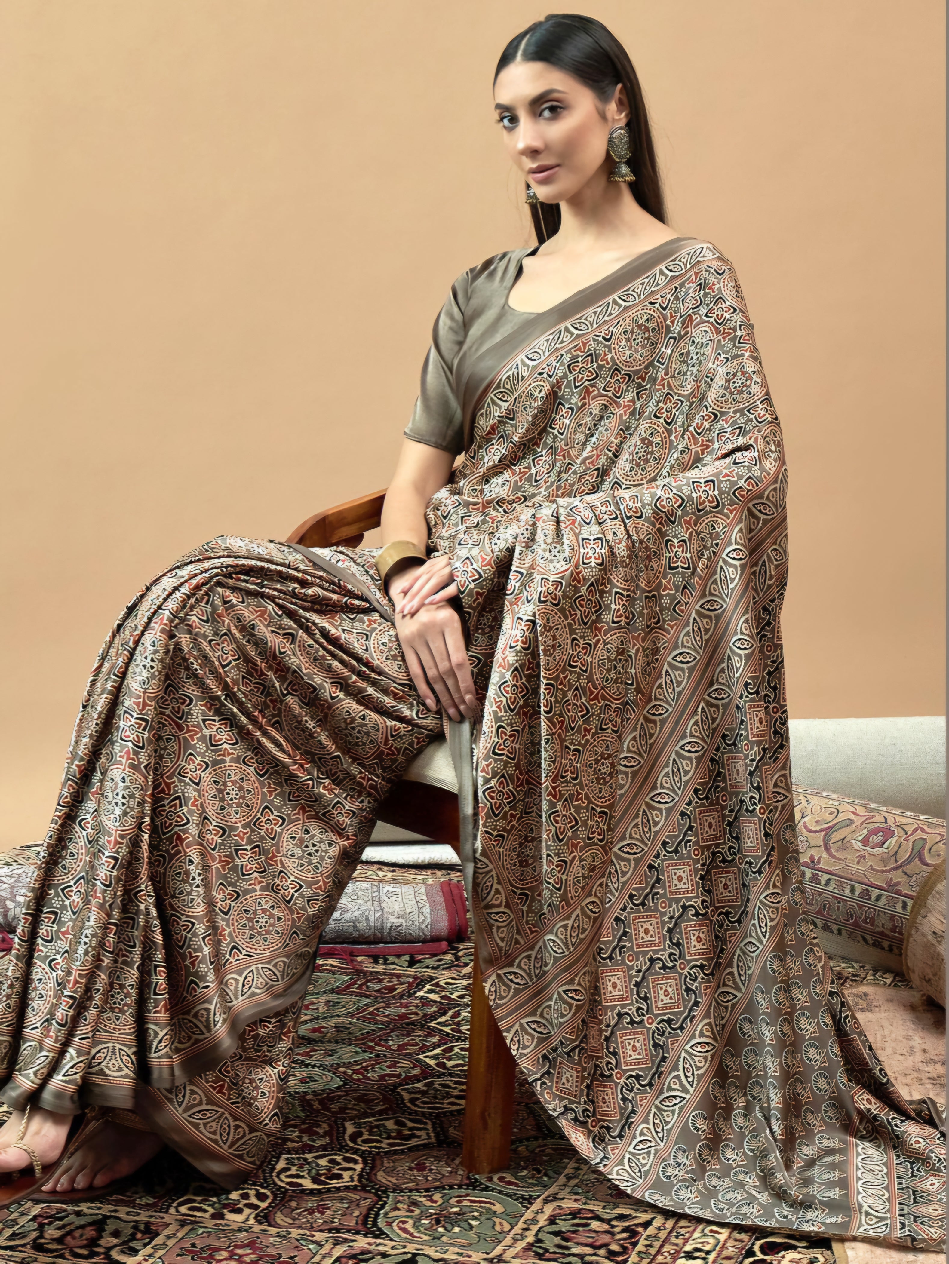 740006 Traditional Ajrakh Print Semi Modal Silk Saree _ Green