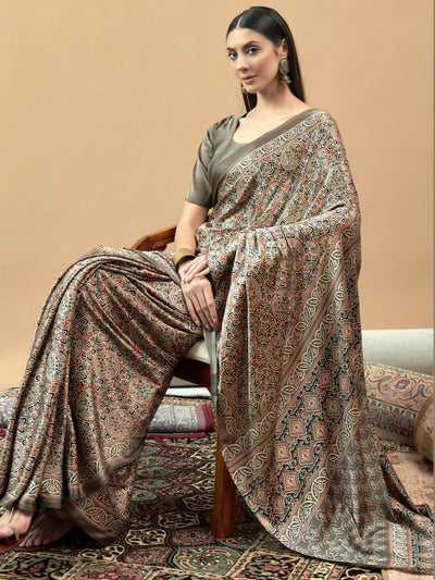 740006 Traditional Ajrakh Print Semi Modal Silk Saree _ Green