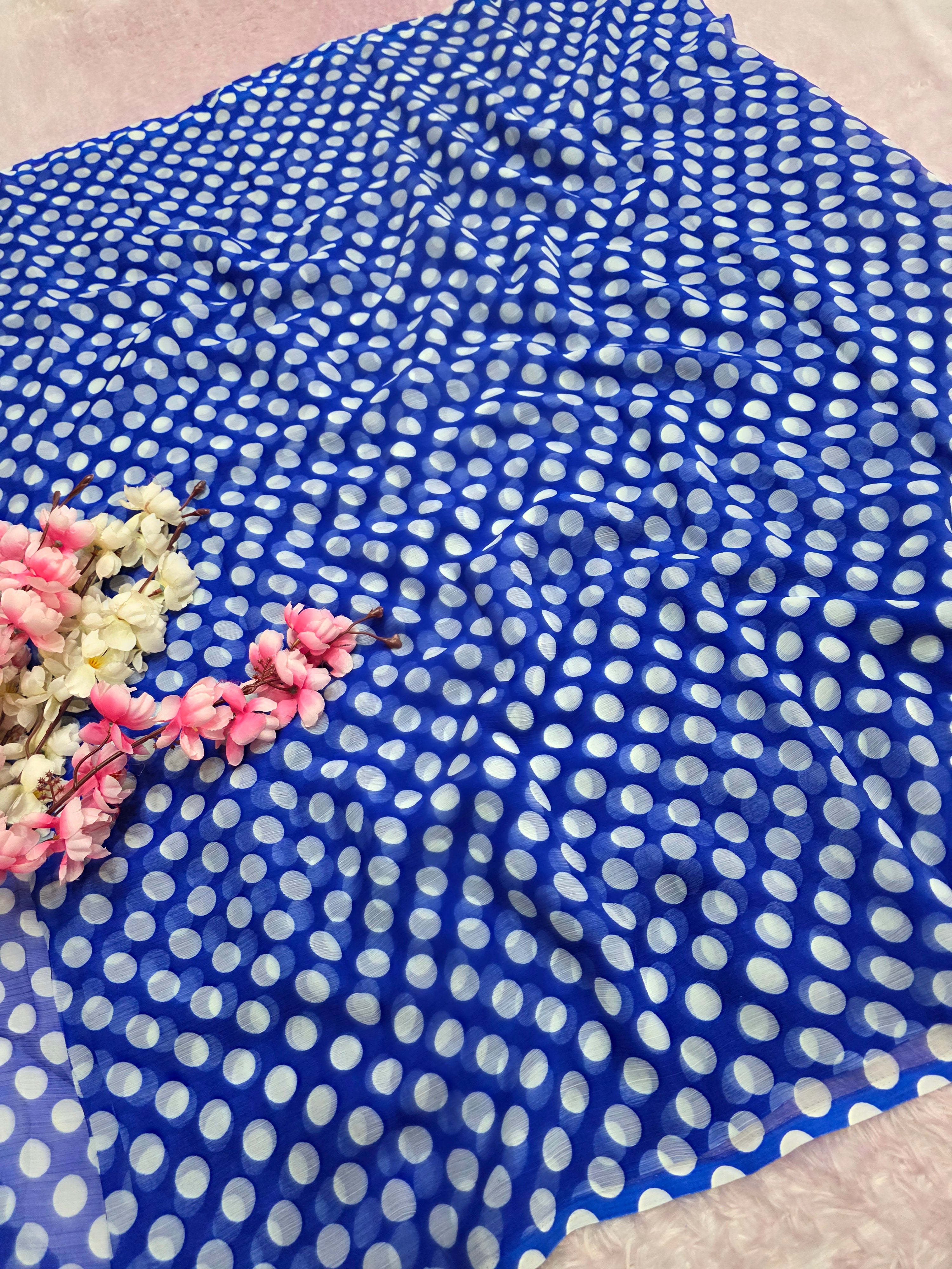 845003 Lightweight Elegant Semi Chiffon Polki Dot Print Saree - Blue
