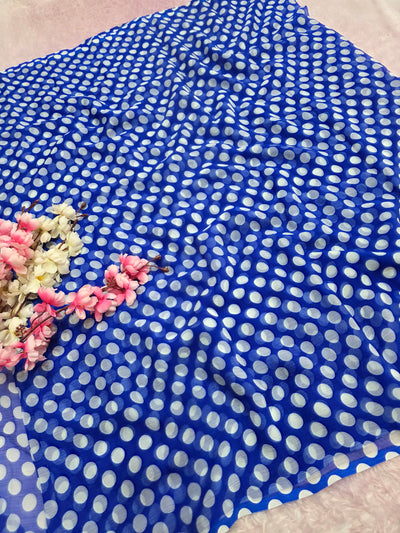 845003 Lightweight Elegant Semi Chiffon Polki Dot Print Saree - Blue