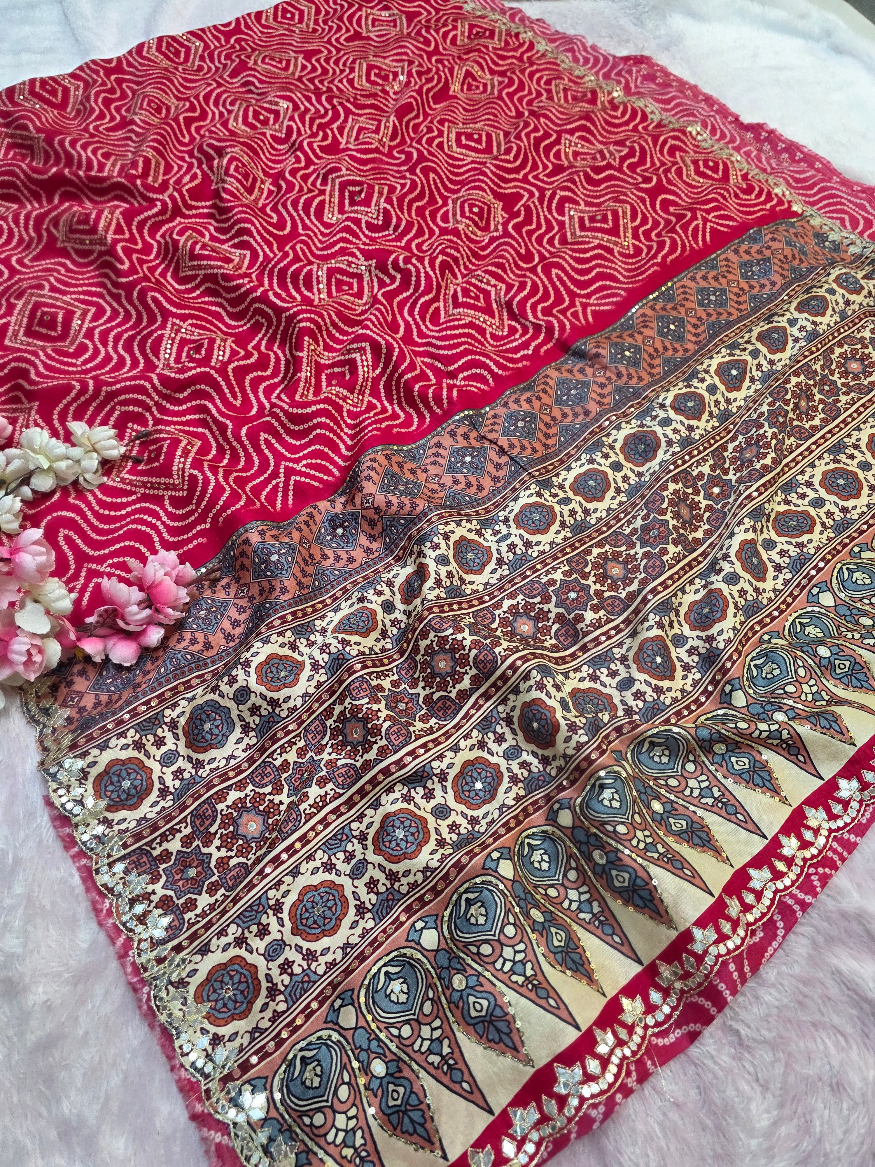 CA0756 Pure Upada Silk Ajrakh and Bandhani Print Saree with Aari-Tari work - Red