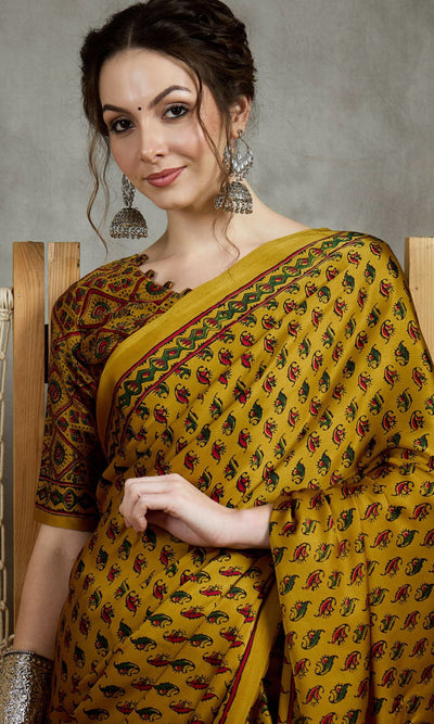 823004 Trending Ajrakh Print Semi Modal Silk Saree - Mustered