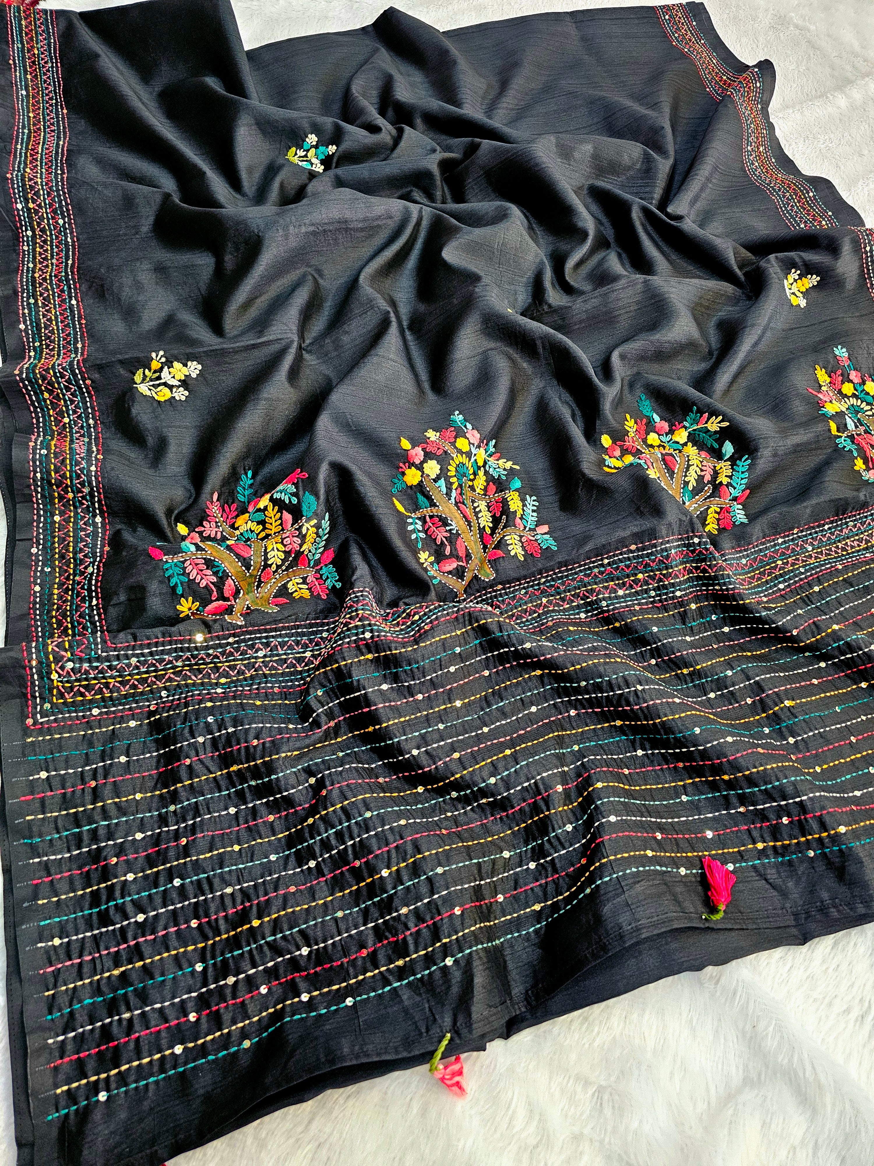 769004 Hand Painted Semi Tusser Silk Hand Made Premium Embroidery Saree