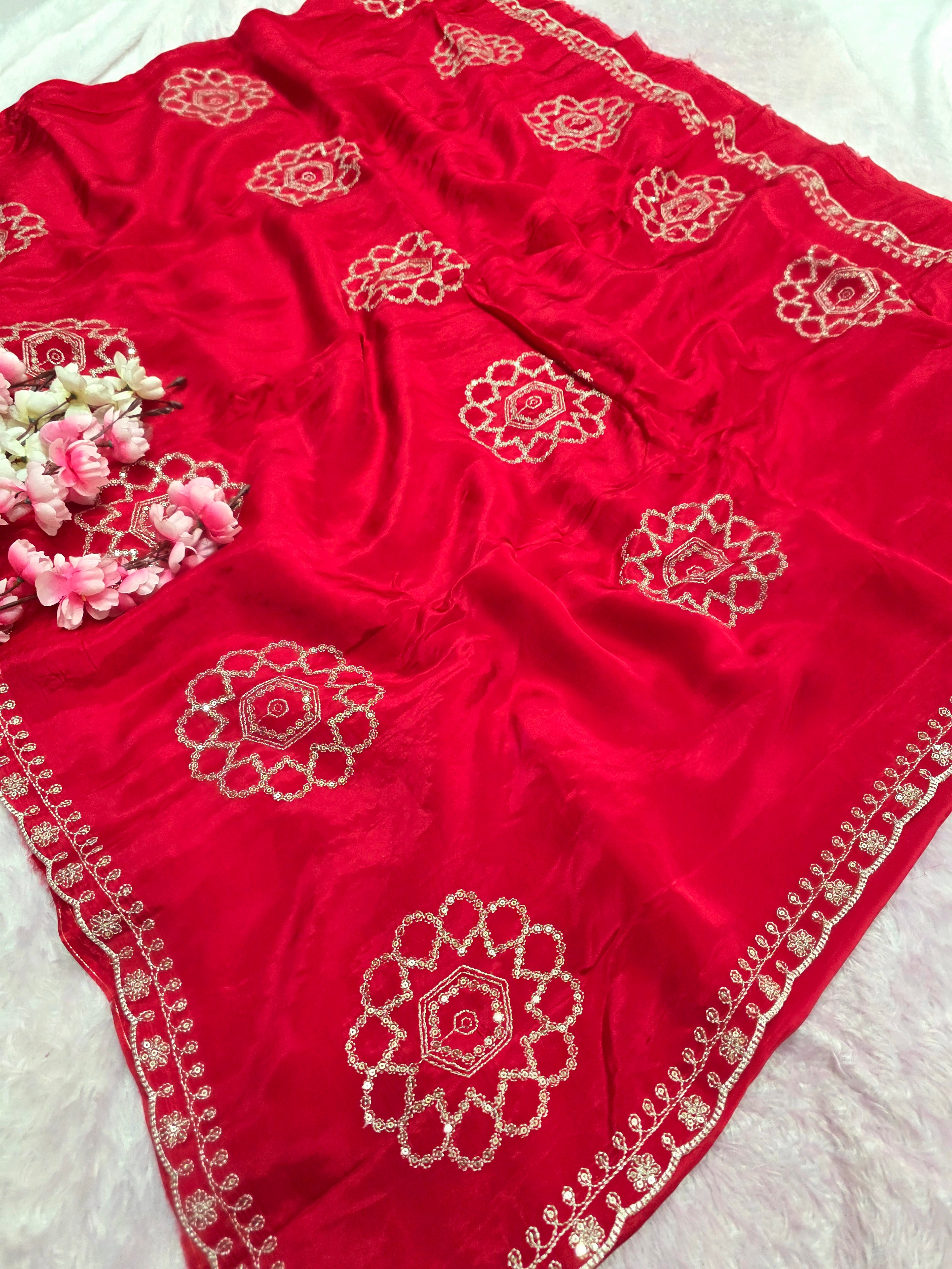 12589 Designer Pure Chinon Silk Traditional Rajasthani Saree with Sequence Work Red Saree