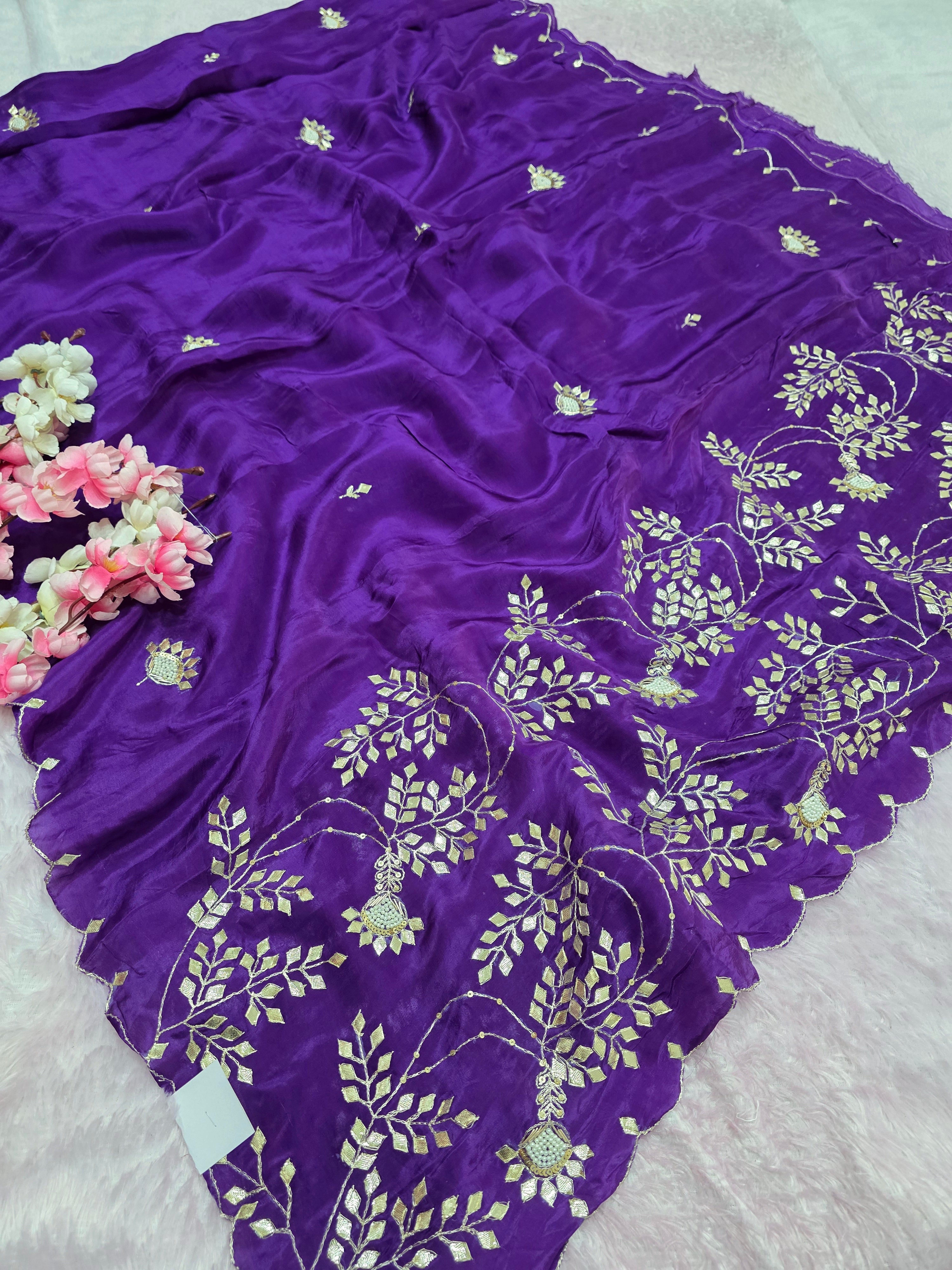 102601 Pure H.O. Silk Designer Saree with Rajasthani Aari Tari , Pearl and Gota Patti Work - Purple