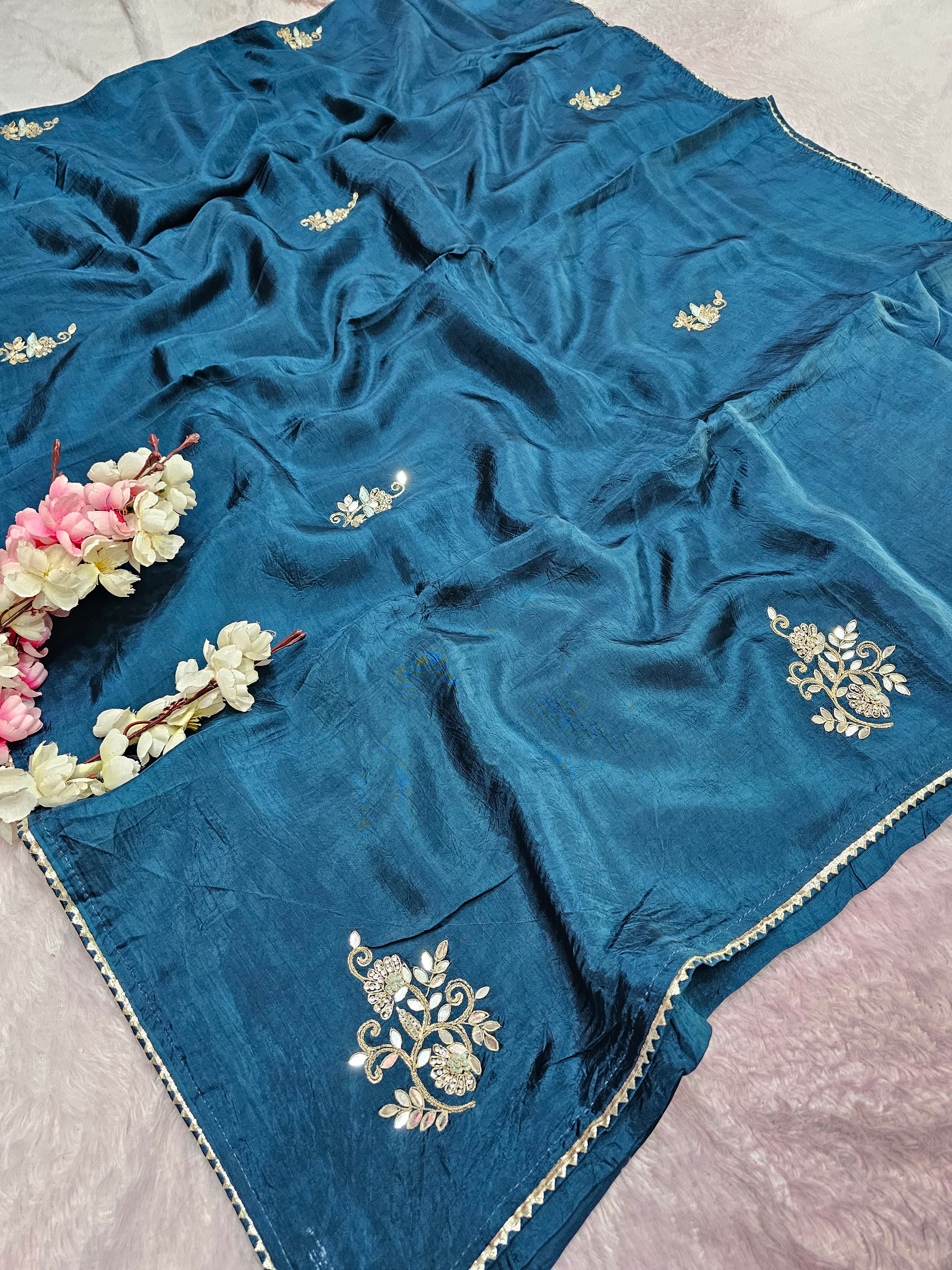 12459 Designer Pure Upada Silk Traditional Rajasthani Saree with Gota Patti Work - Blue