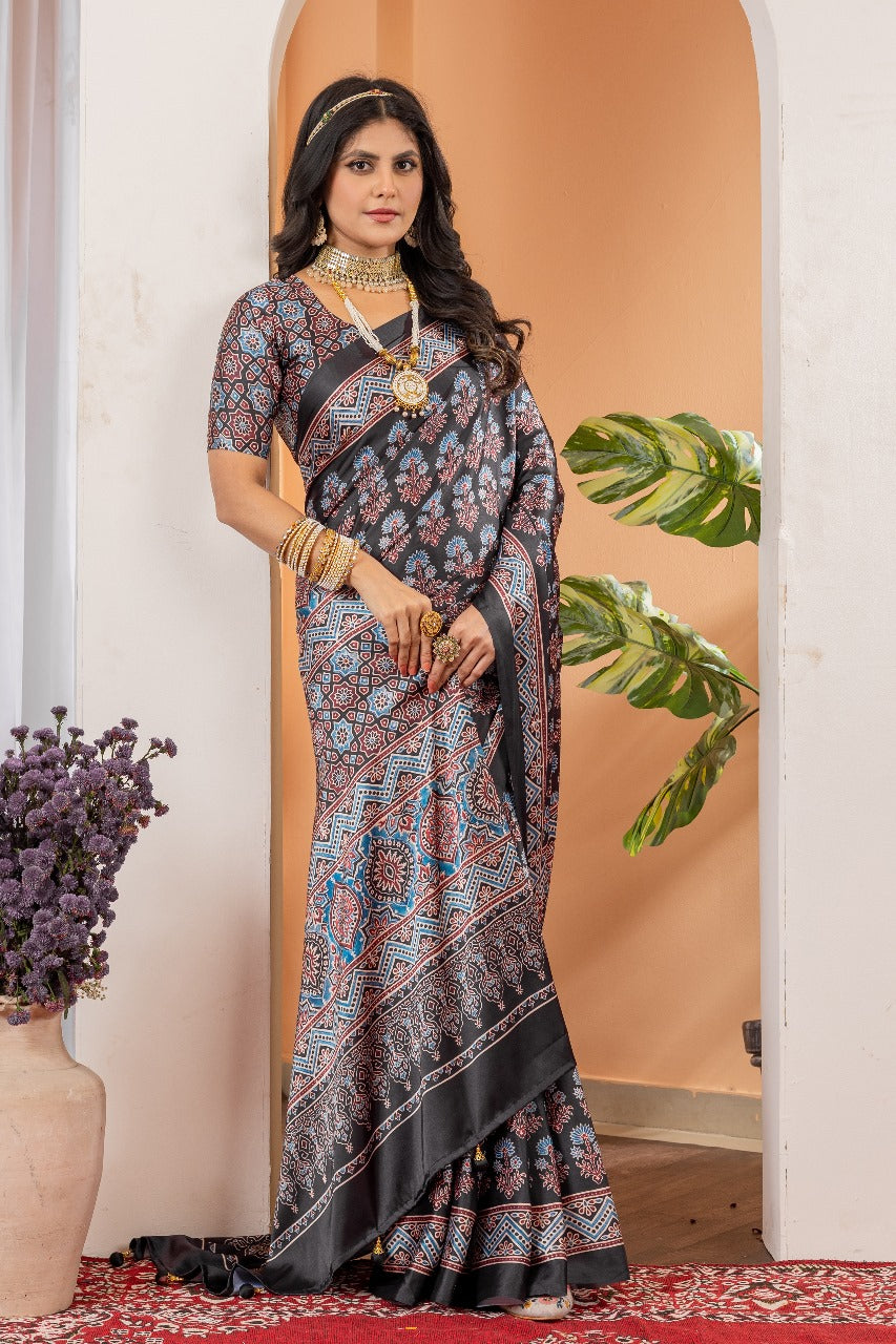 939003 Traditional Ajrakh Print Satin Silk Saree