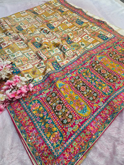1070 Royal Kashmiri Pashmina Saree with Designer Stitched Blouse - Cream