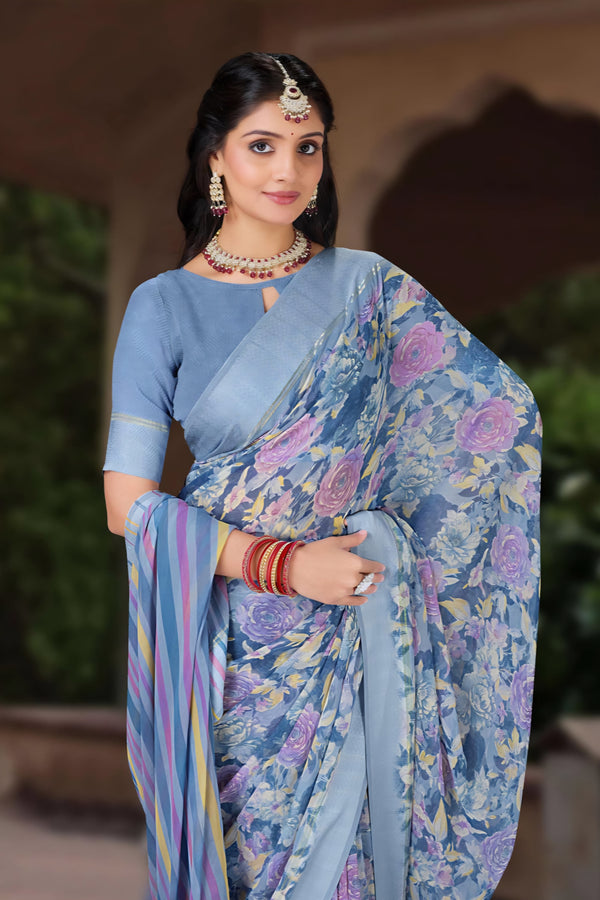 920001 Designer Flower Printed Georgette Saree with Textured Satin Border - Blue