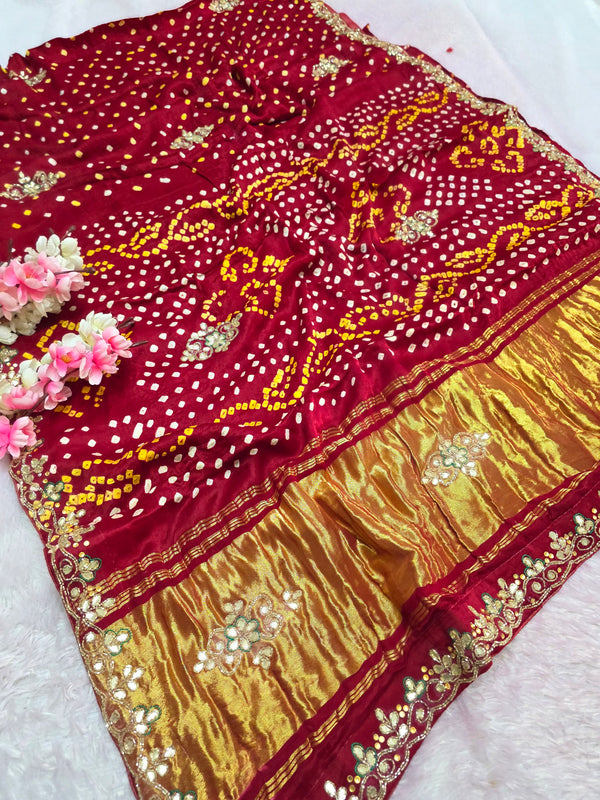 969005 Traditional Gajji Silk Bandhani Saree with Hand Gota Patti Work - Maroon