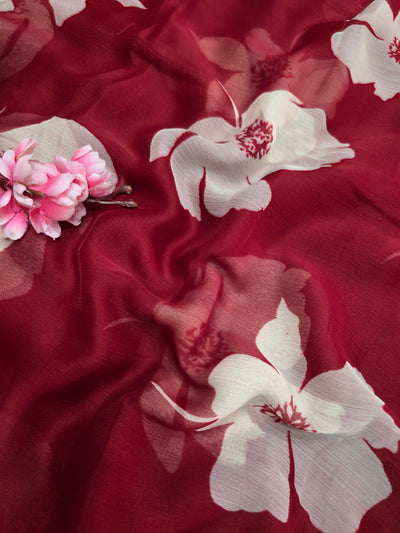 103903 Lightweight Elegant Semi Chiffon Flower Print Saree - Maroon