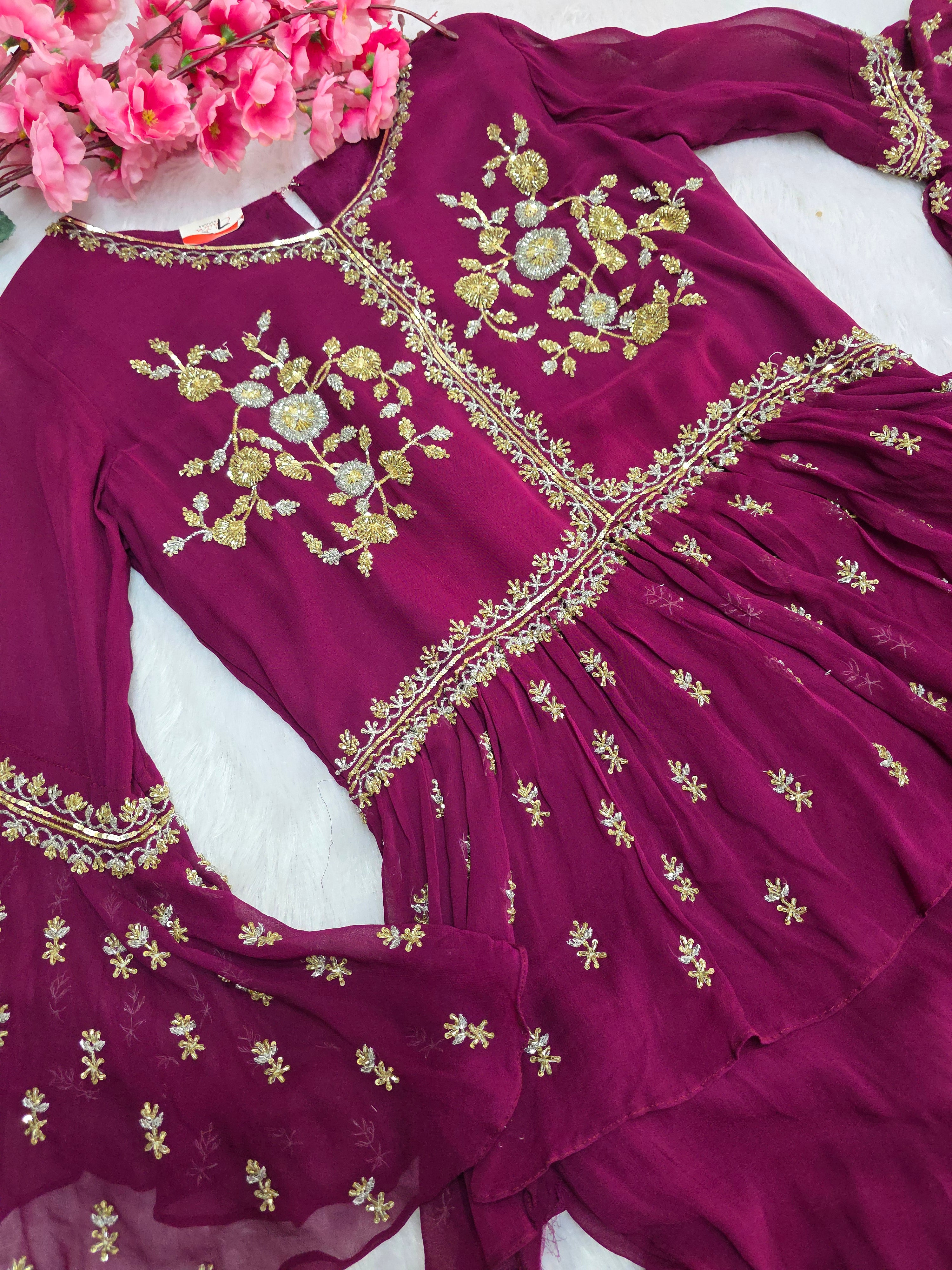 C77006 Premium Pure Georgette Designer Gown With Head Cutdana Work