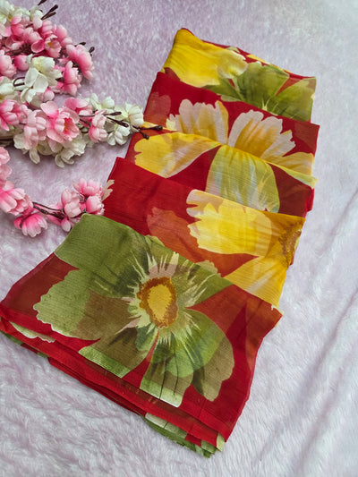 103904 Lightweight Elegant Semi Chiffon Flower Print Saree - Red