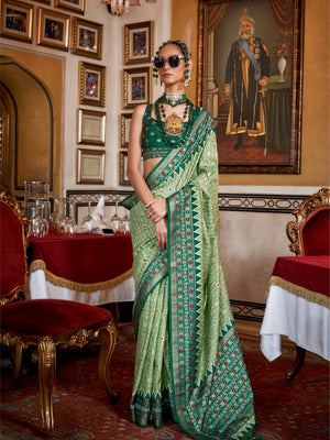 100705 Premium Patola Print Silk Saree With Gold Print - Green