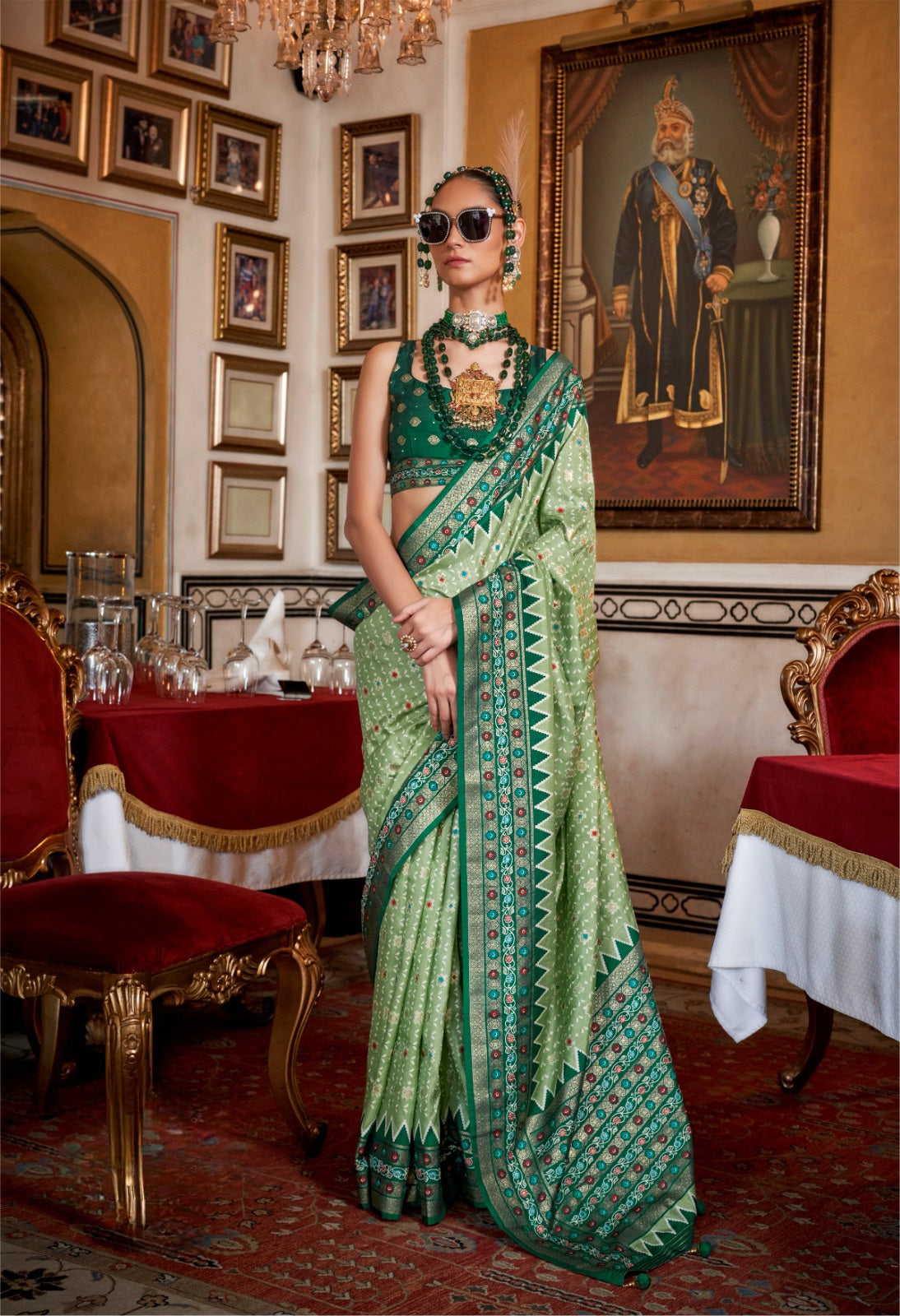 100705 Premium Patola Print Silk Saree With Gold Print - Green
