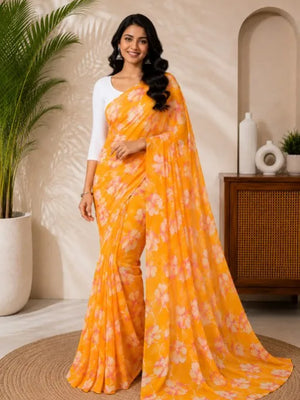 CA1031 Lightweight Elegant Semi Chiffon Flower Print Saree - Yellow
