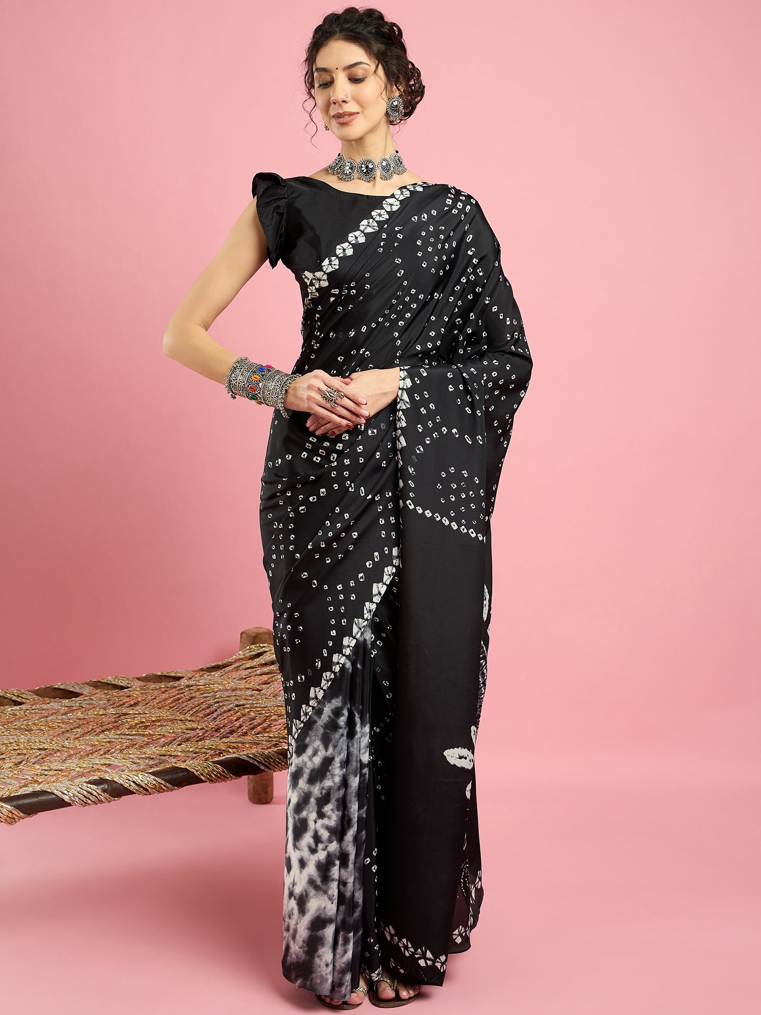 2044 Traditional Bandhani with Shibori Print Soft Satin Silk Saree - BLACK