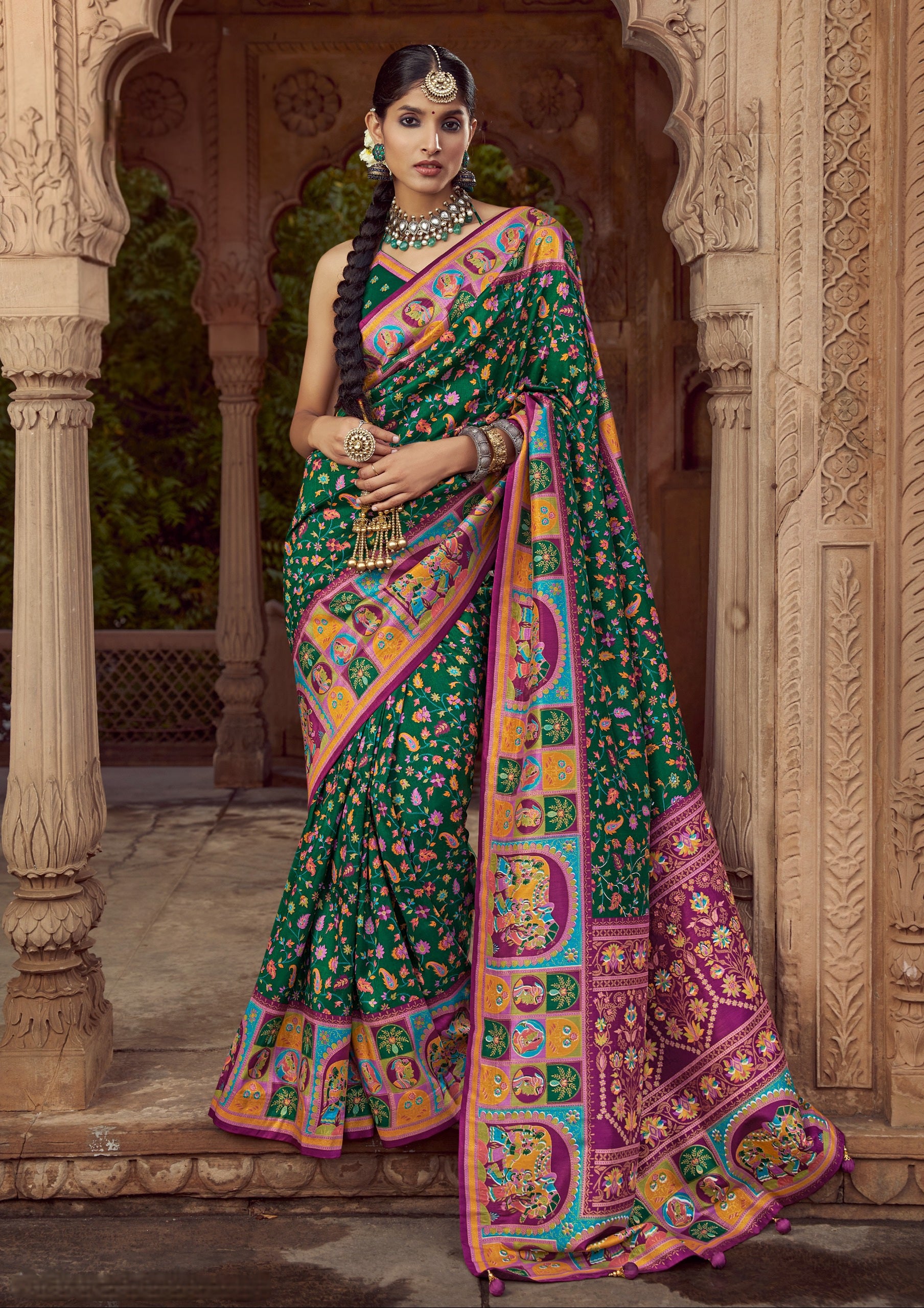 100704 Premium Kashmiri Print Silk Saree With Gold Print - Green