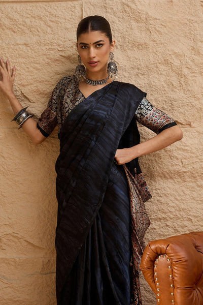 917007 Trending Ajrakh Print with Shibbori Semi Modal Silk Saree - Black