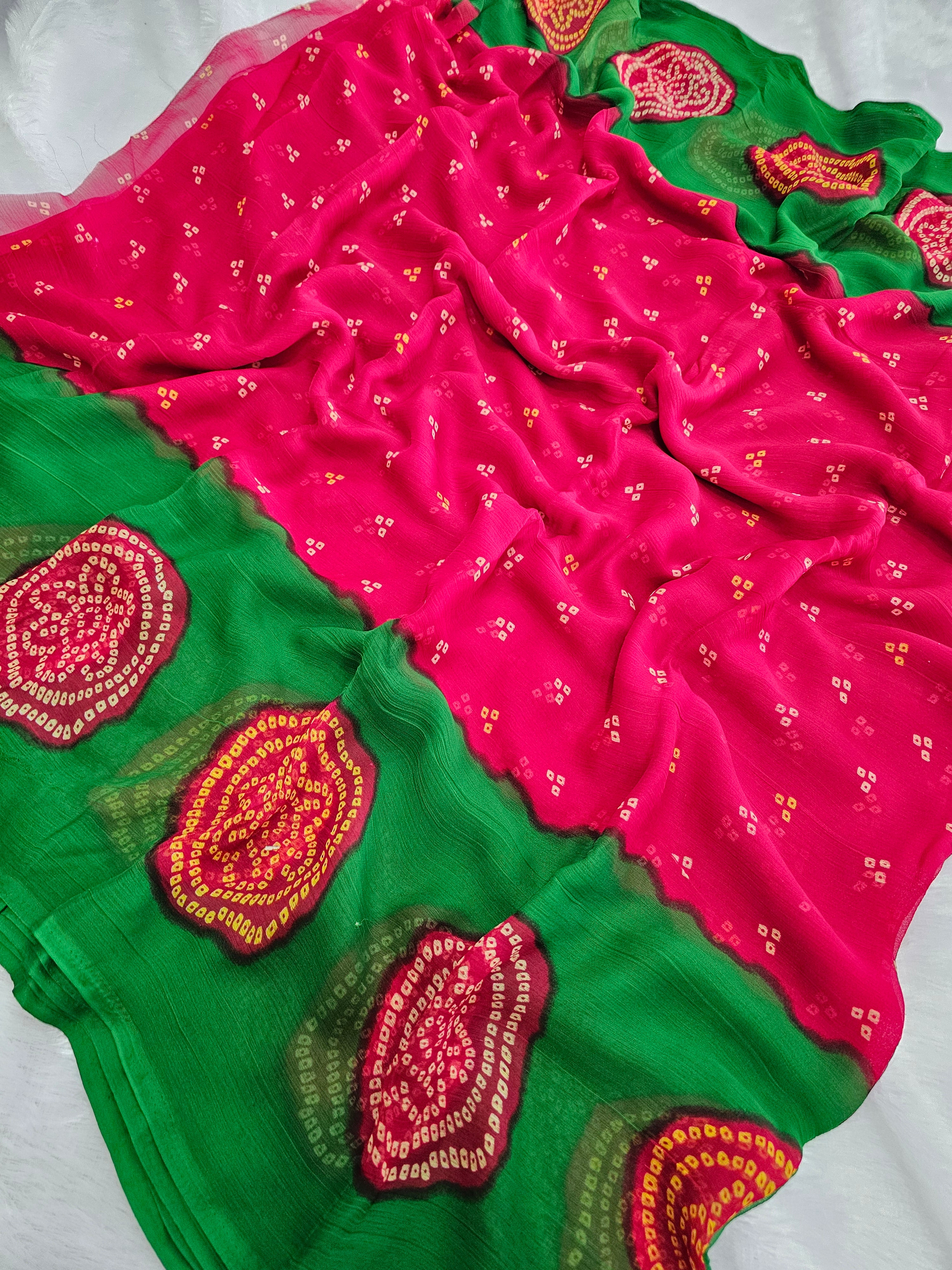 751003 Chitra Special Rajwadi Bandhani Chiffon Saree - Rani